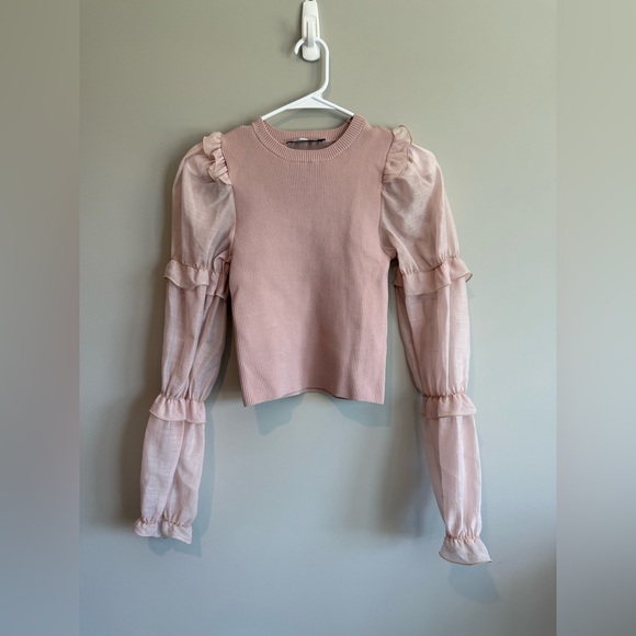 Zara Pink Ribbed Knit Contrast Organza Puff Sleeve Blouse - Picture 7 of 12
